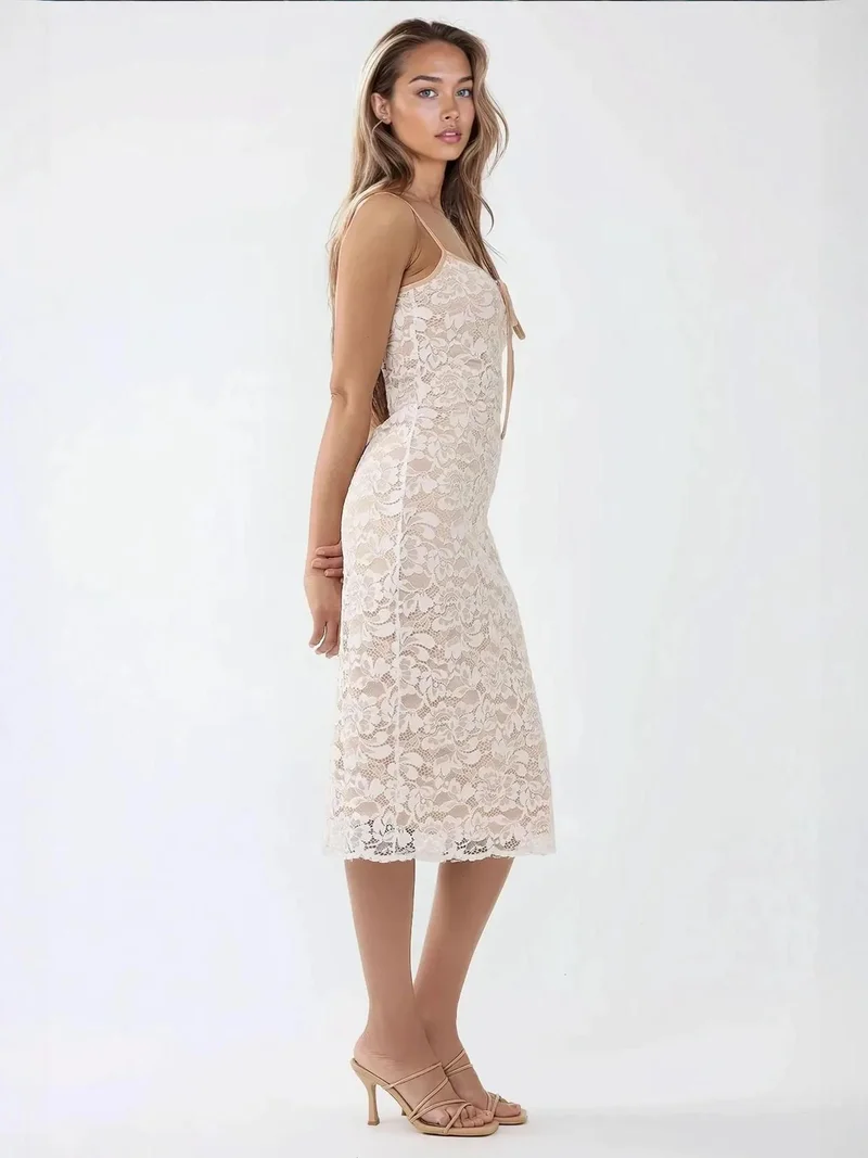 HICCUP Square Collar Lace Midi Bodycon Dress