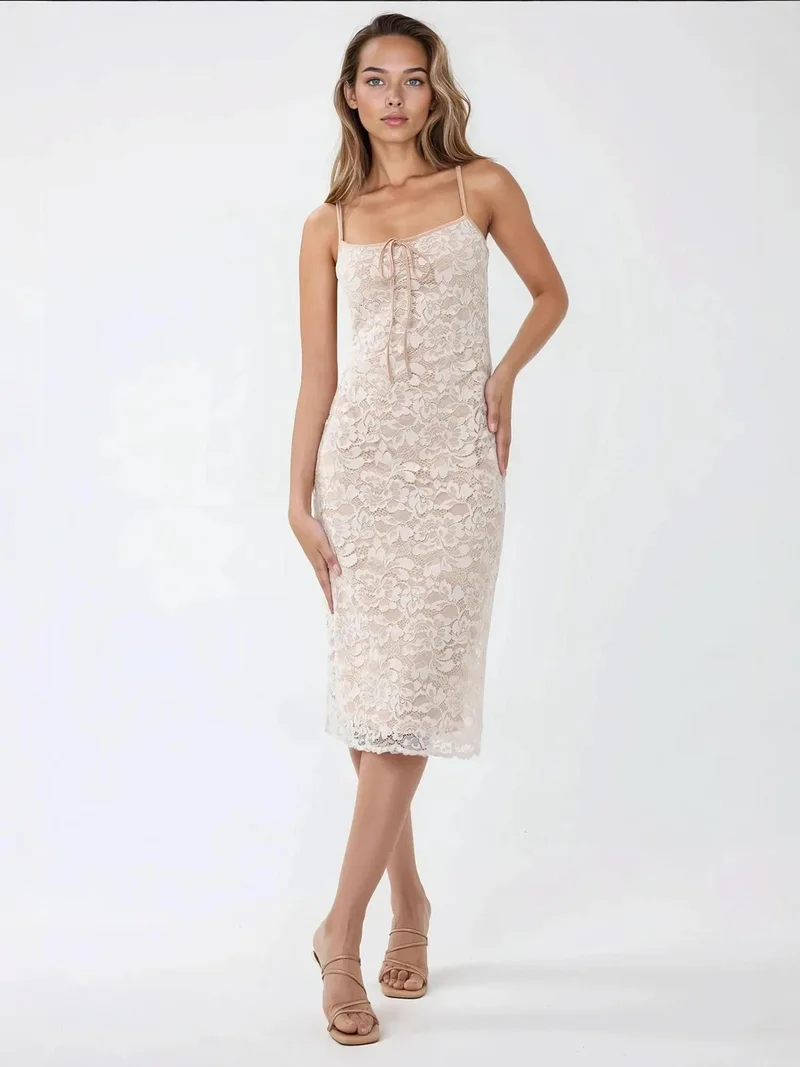 HICCUP Square Collar Lace Midi Bodycon Dress