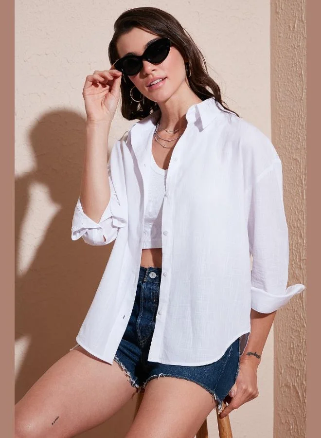 ليلا قميص نسائي قطني عادي بأكمام طويلة سادة