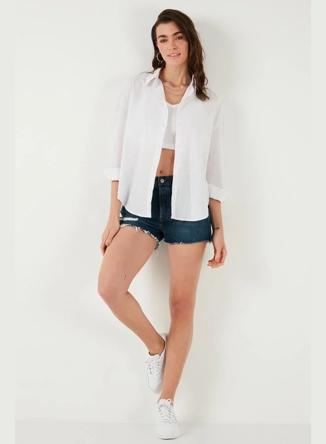 ليلا قميص نسائي قطني عادي بأكمام طويلة سادة