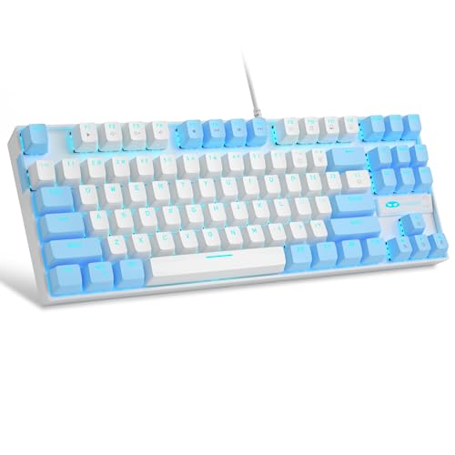 MageGee 75% Mechanical Gaming Keyboard, Red Switch, LED Blue Backlit, 87 Keys Compact TKL Wired Keyboards for Windows Laptop PC Gamer - White/Blue - Image 1