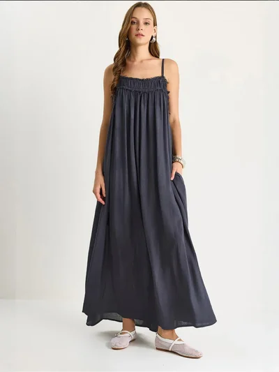 Bianco Lucci LUCCI Embroidered Square Collar Maxi Dress