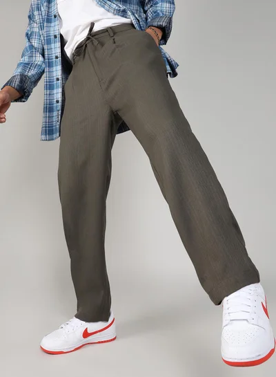 Campus Sutra Campus Sutra Men's Olive Green Tailored Linen-Blend Trousers For Casual Wear | Tailored Fit | 4 Pockets | Drawstring Closure | Trousers Crafted With Comfort Fit For Everyday Wear