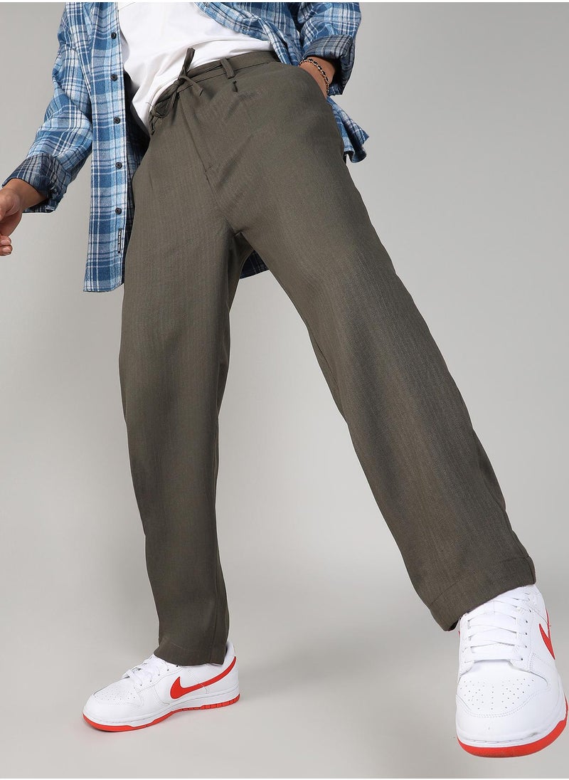 Campus Sutra Campus Sutra Men's Olive Green Tailored Linen-Blend Trousers For Casual Wear | Tailored Fit | 4 Pockets | Drawstring Closure | Trousers Crafted With Comfort Fit For Everyday Wear  - Image 1