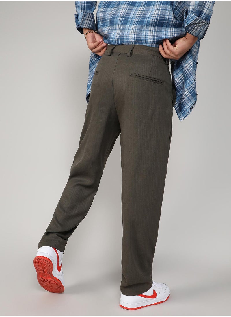 Campus Sutra Campus Sutra Men's Olive Green Tailored Linen-Blend Trousers For Casual Wear | Tailored Fit | 4 Pockets | Drawstring Closure | Trousers Crafted With Comfort Fit For Everyday Wear  - Image 5