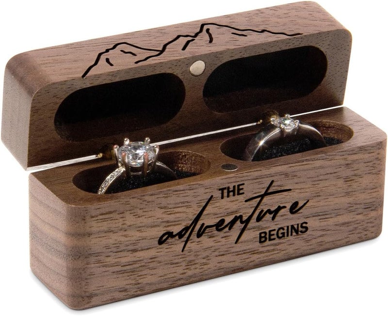 Wislist Ring Bearer Box for Wedding Ceremony Engraved Wooden Ring Holder for 2 Rings (Engraved-The adventure begins) - Image 4