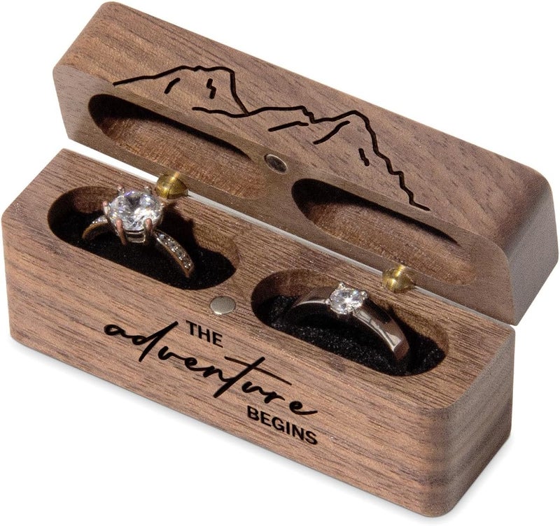 Wislist Ring Bearer Box for Wedding Ceremony Engraved Wooden Ring Holder for 2 Rings (Engraved-The adventure begins) - Image 3