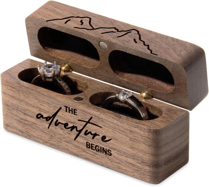 Wislist Ring Bearer Box for Wedding Ceremony Engraved Wooden Ring Holder for 2 Rings (Engraved-The adventure begins) - Image 2