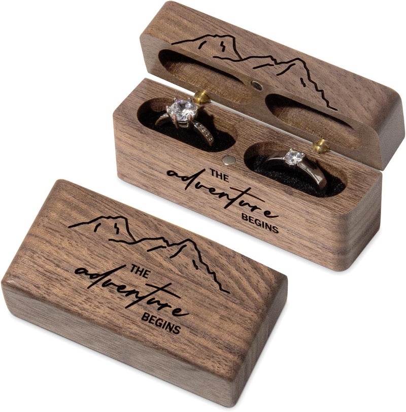 Wislist Ring Bearer Box for Wedding Ceremony Engraved Wooden Ring Holder for 2 Rings (Engraved-The adventure begins) - Image 1