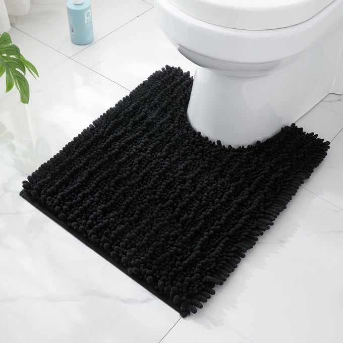 LUXURY TOILET RUG USHAPED SHAGGY CONTOUR MAT FOR BATHROOM SUPER ABSORBENT WATER NONSLIP MACHINE WASHABLE 24 X 20 INCHES BLACK