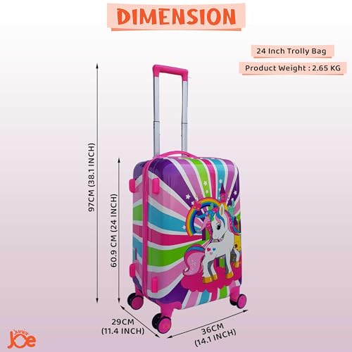JUNIOR JOE Polycarbonate 8 Wheels 360 Degree Kids Carry On Luggage Hardside Rolling Suitcase 24 Inches Travel Trolley Bag (Design-5), Pink - Image 2