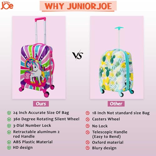 JUNIOR JOE Polycarbonate 8 Wheels 360 Degree Kids Carry On Luggage Hardside Rolling Suitcase 24 Inches Travel Trolley Bag (Design-5), Pink - Image 3