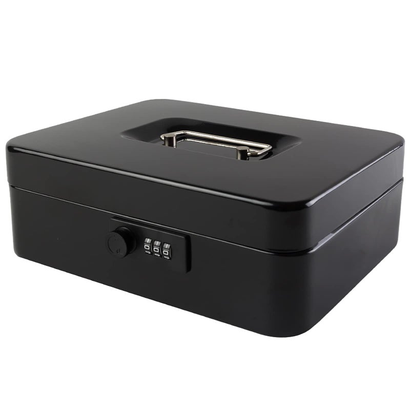 KYODOLED Large Cash Box with Combination Lock Safe Metal Money Box with Money Tray for Security Lock Box 9.84"x 7.87"x 3.54" Black - Image 1