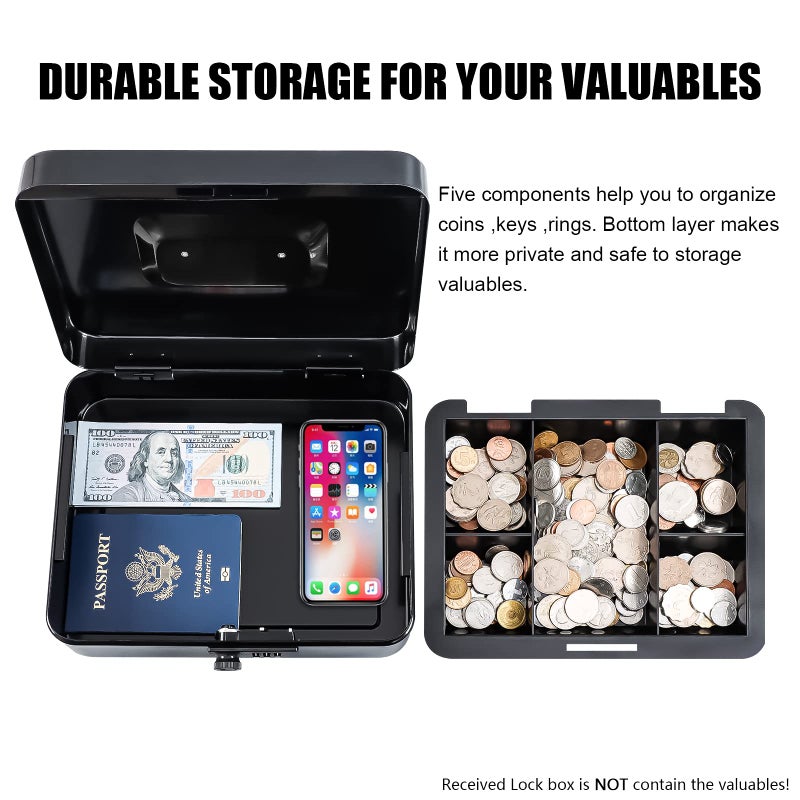 KYODOLED Large Cash Box with Combination Lock Safe Metal Money Box with Money Tray for Security Lock Box 9.84"x 7.87"x 3.54" Black - Image 4