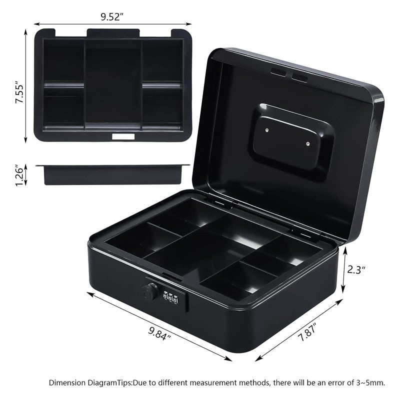 KYODOLED Large Cash Box with Combination Lock Safe Metal Money Box with Money Tray for Security Lock Box 9.84"x 7.87"x 3.54" Black - Image 5