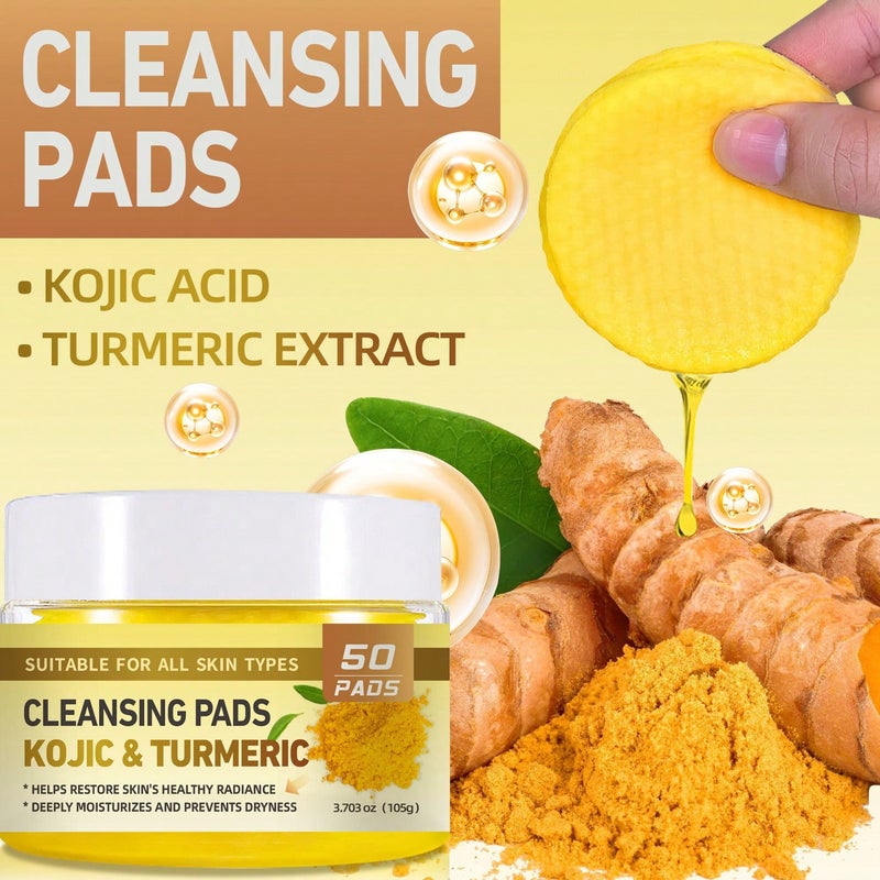 50PCS Turmeric Kojic Acid Cleansing Pads, Brightening Facial Cleansing Wipes, Contains Turmeric Extract, Kojic Acid, Healthy Cleansing Pores, Natural Exfoliation, Removes Oil And D - Image 4