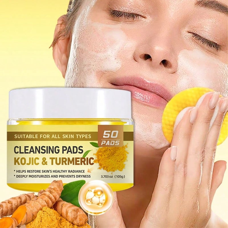 50PCS Turmeric Kojic Acid Cleansing Pads, Brightening Facial Cleansing Wipes, Contains Turmeric Extract, Kojic Acid, Healthy Cleansing Pores, Natural Exfoliation, Removes Oil And D - Image 2