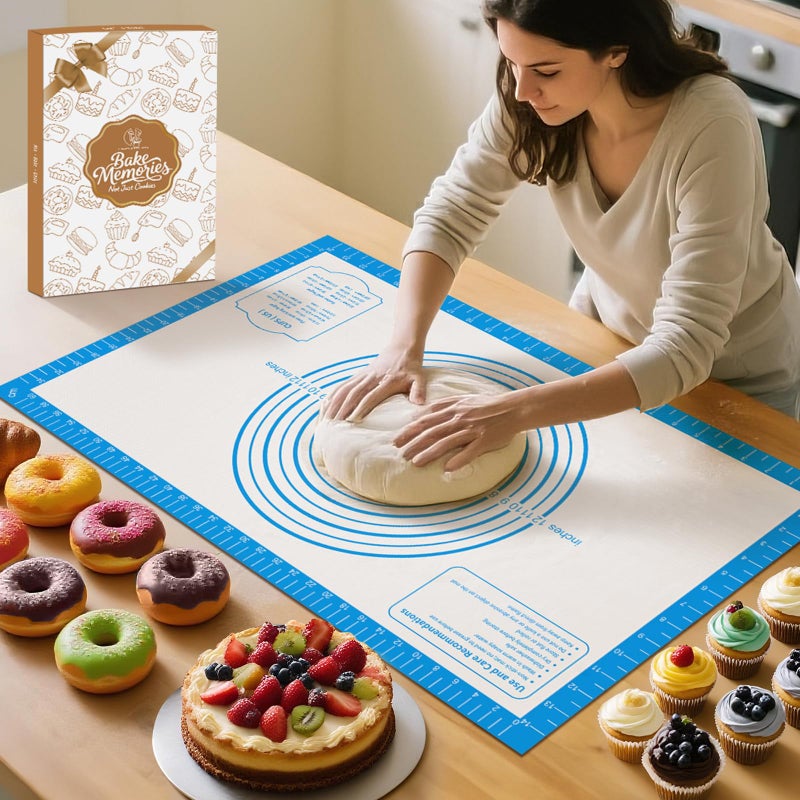 Mimekitchen Pastrty Mat for Dough Rolling, Silicone Baking Mat with Measurement, Fondant Mat for Making Cookies Macarons Bread Pizza Oven Mat, Silicone Mat for Baking - Image 1