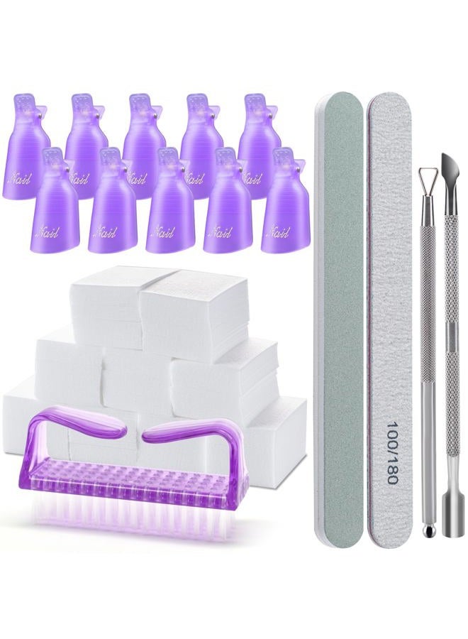 Hoewina Gel Nail Polish Remover Tools Kit, with 10 Pcs Nail Clips, 400 Pcs Lint Free Nail Wipes, Nail Files 100/180, Buffer Block 400/4000, Nail Brush, Cuticle Pusher, Cuticle Peeler (Purple) - Image 1