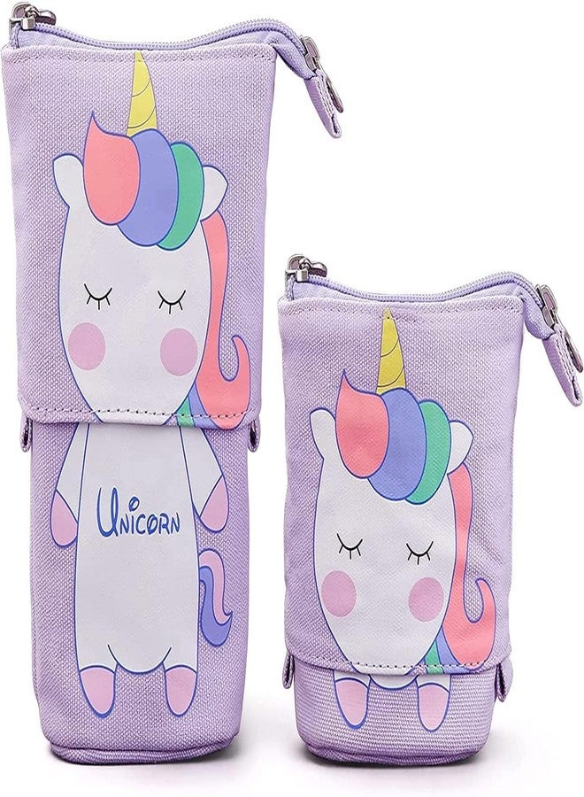 PEZYOX Canvas Pencil Pouch for Girls - Kawaii Korean Aesthetic Standing Cat Case, Cute Boba Stationery Organizer for School, Makeup Bag, Durable and Portable Pencil Case for Teens (Unicorn Purple) - Image 1