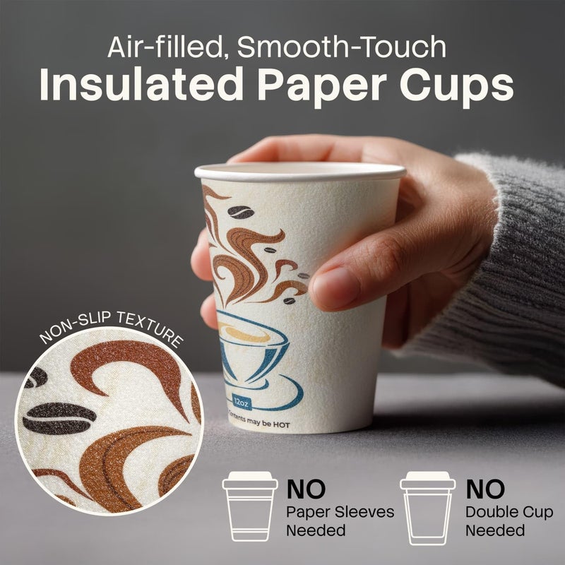 NYHI 12 Oz Hot/Cold Insulated Disposable Coffee Cups with Lids 100 Pack - To Go Coffee Paper Cups with Lids, No Sleeve Needed, Comfortable Grip, Space-Saving Stack, Ideal for Hot or Cold Drinks - Image 3