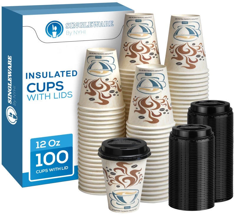 NYHI 12 Oz Hot/Cold Insulated Disposable Coffee Cups with Lids 100 Pack - To Go Coffee Paper Cups with Lids, No Sleeve Needed, Comfortable Grip, Space-Saving Stack, Ideal for Hot or Cold Drinks - Image 1