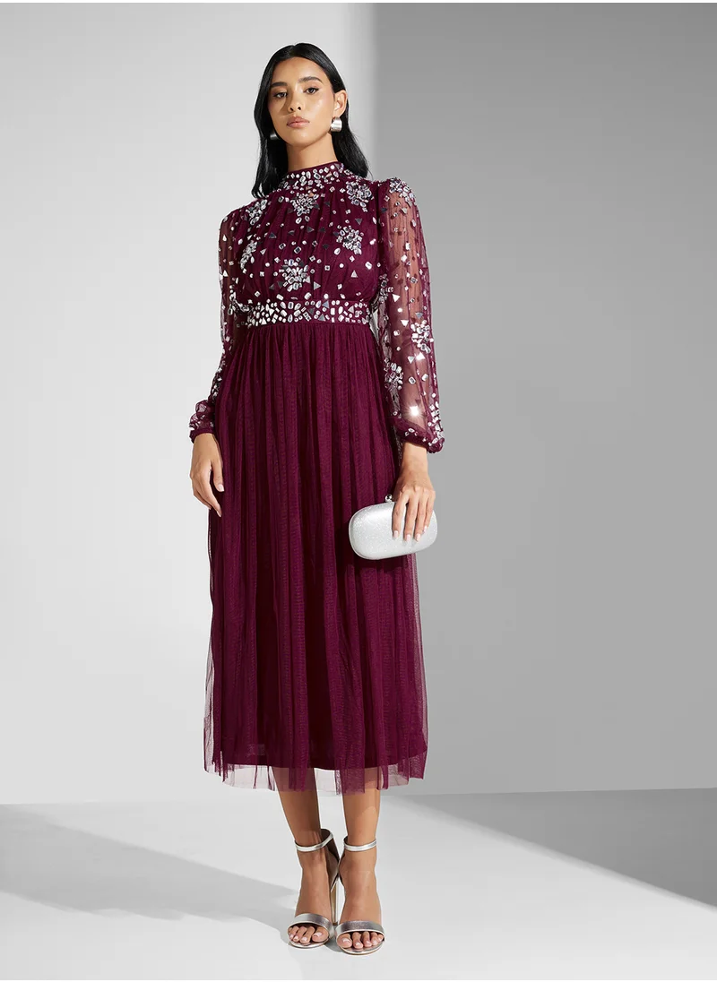 Amelia Rose Embellished Mesh Detailed Dress