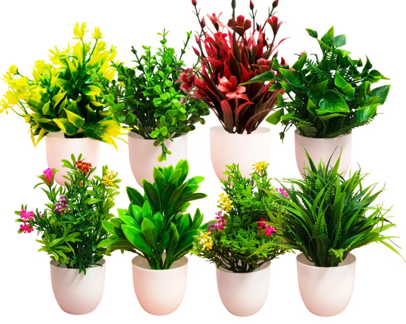 Dekorly Artificial Potted Plants, 8 Pack Artificial Plastic Eucalyptus Plants Small Indoor Potted Houseplants, Small Faux Plants for Home Decor Bathroom Office Farmhouse (Multi-C) - Image 1