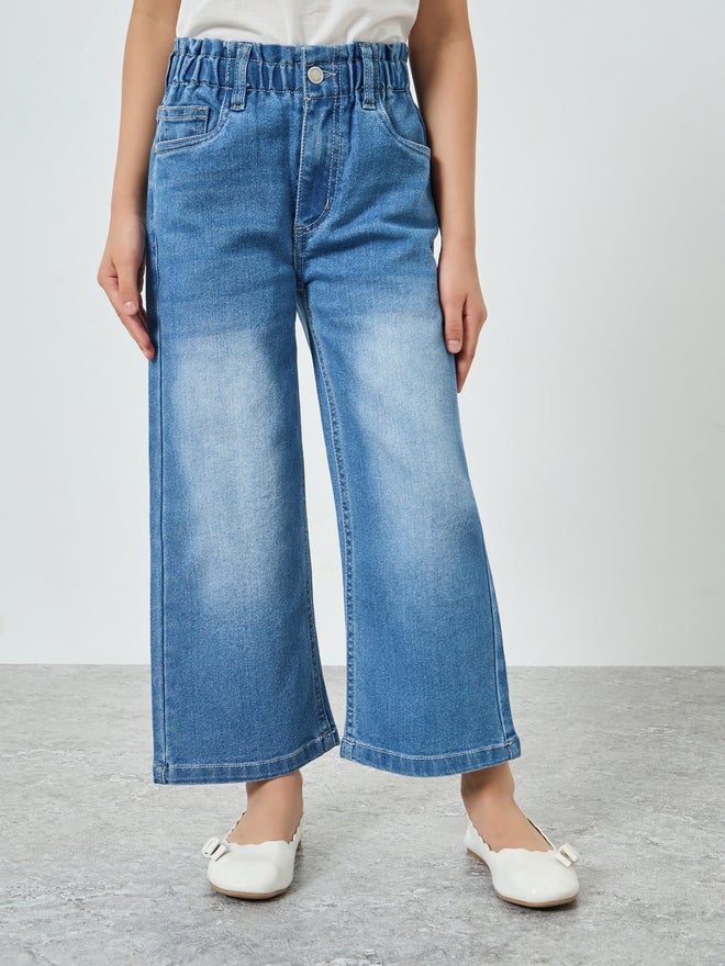 Styli Girls Blue Cotton Wide Leg Washed Jeans - Image 1