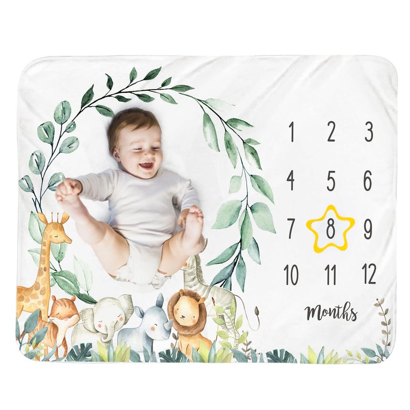 Baby Monthly Milestone Blanket Boy  Jungle Animals Newborn Month Blanket Neutral Safari Personalized Shower Gift Eucalyptus Leaf Wreath Nursery Decor Photography Background Prop with Frame 51x40