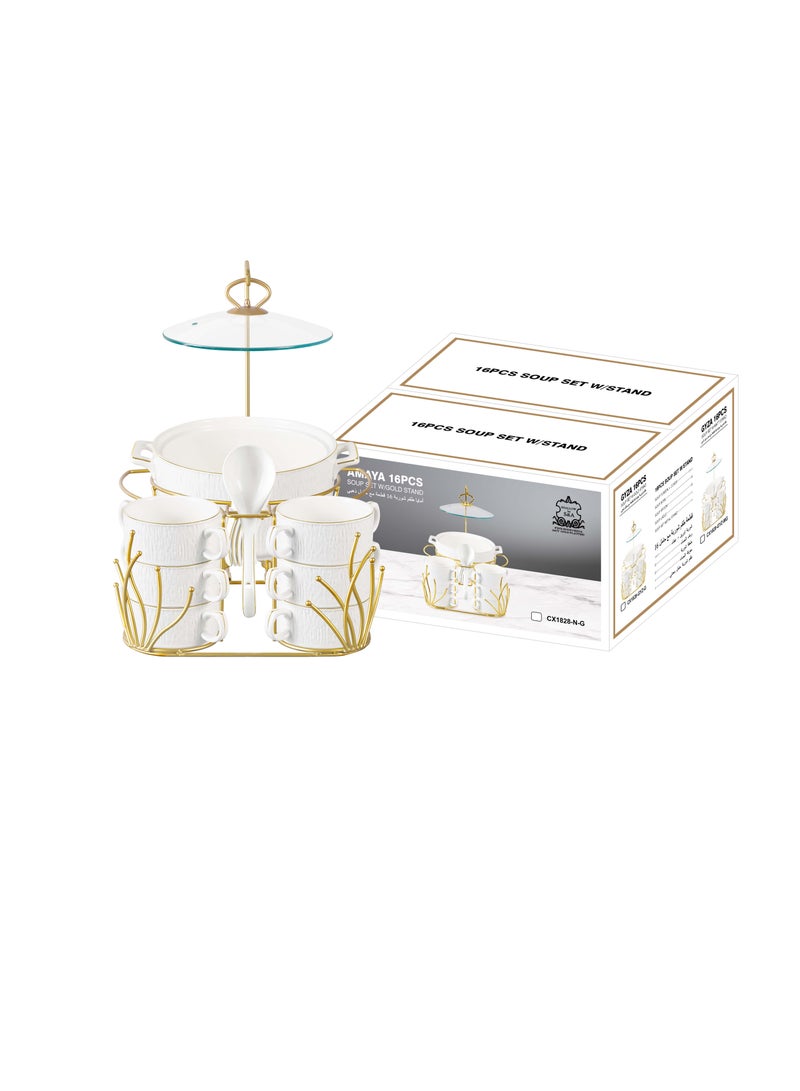 Shallow Gyza 16 Piece Soup Set with Matt Gold Stand - Elegant White Porcelain Dinnerware for Sophisticated Dining, Soup Bowls - Image 4