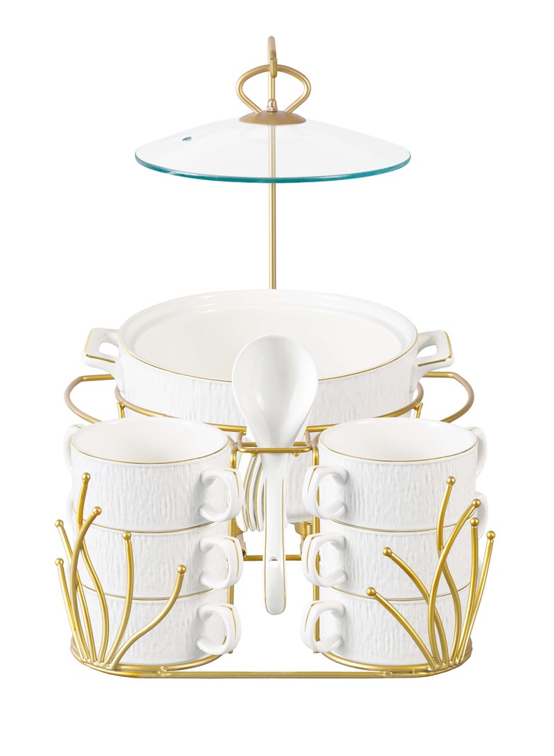 Shallow Gyza 16 Piece Soup Set with Matt Gold Stand - Elegant White Porcelain Dinnerware for Sophisticated Dining, Soup Bowls - Image 1