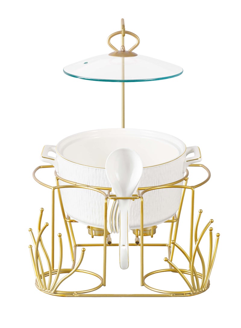 Shallow Gyza 16 Piece Soup Set with Matt Gold Stand - Elegant White Porcelain Dinnerware for Sophisticated Dining, Soup Bowls - Image 2