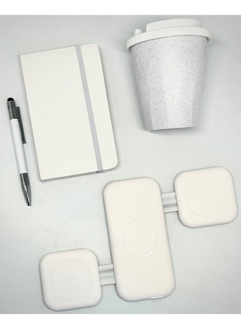 White Gift Set (A6 Notebook, Metal Pen, Bamboo Fiber Mug, and 3 in 1 Wireless Charging Hub)