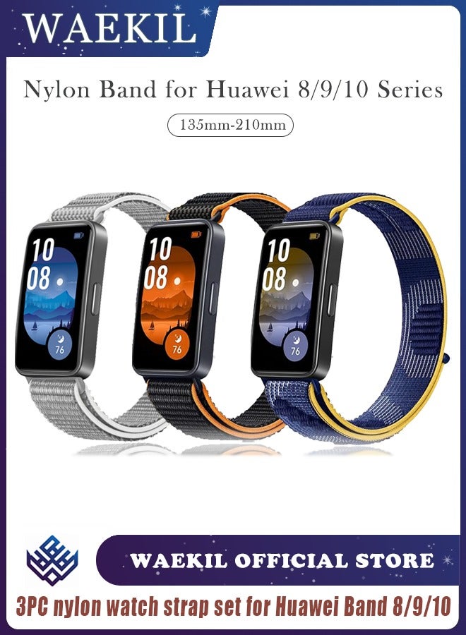 وايكيل مجموعة من 3 أشرطة بديلة من النايلون متوافقة مع Huawei Band 8/9/10 - حلقة رياضية خفيفة الوزن، أشرطة معصم من القماش المضفر الناعم والقابل للتنفس للرجال والنساء - Image 1