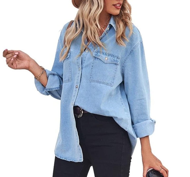 chouyatou Women's Spring Long Sleeve Denim Jean Shirts Button Down Shirt Business Casual Tops (Large, Blue) - Image 5