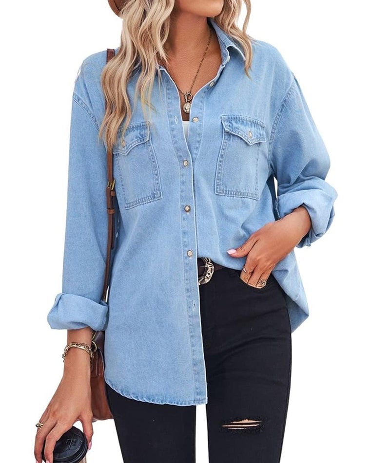 chouyatou Women's Spring Long Sleeve Denim Jean Shirts Button Down Shirt Business Casual Tops (Large, Blue) - Image 1