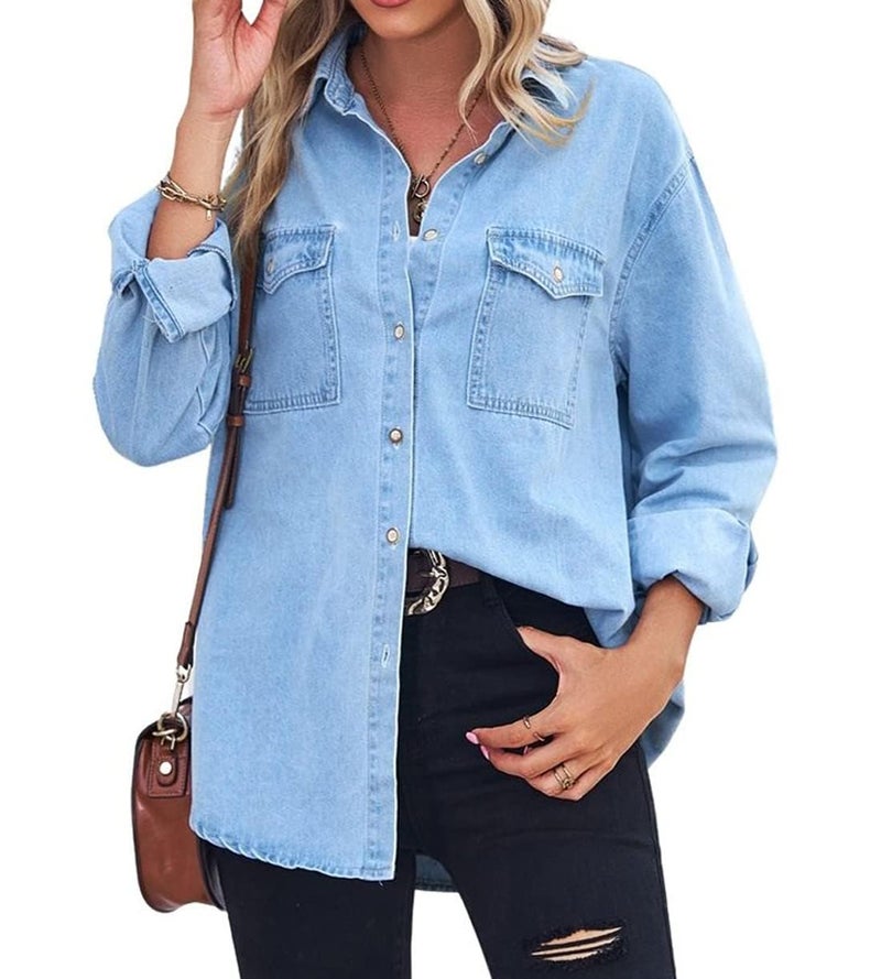 chouyatou Women's Spring Long Sleeve Denim Jean Shirts Button Down Shirt Business Casual Tops (Large, Blue) - Image 3