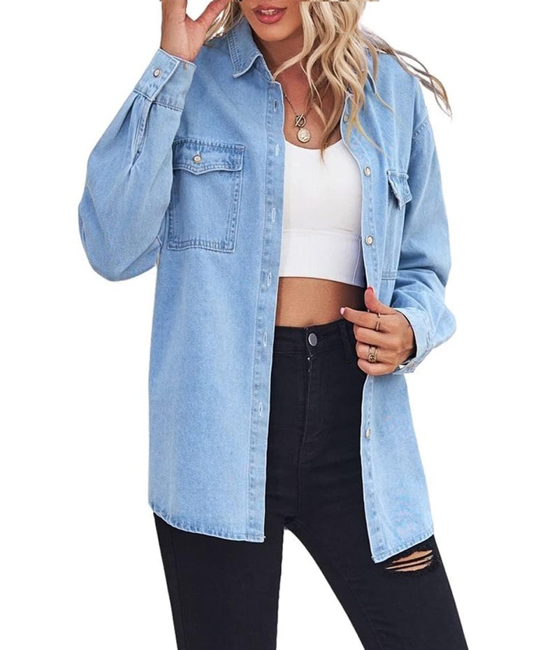 chouyatou Women's Spring Long Sleeve Denim Jean Shirts Button Down Shirt Business Casual Tops (Large, Blue) - Image 2