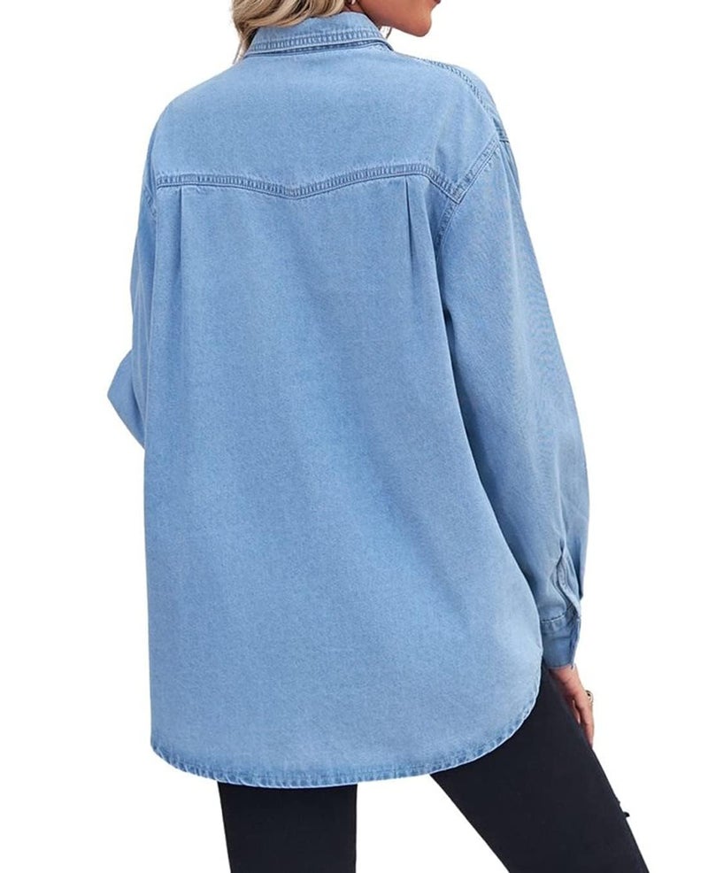 chouyatou Women's Spring Long Sleeve Denim Jean Shirts Button Down Shirt Business Casual Tops (Large, Blue) - Image 4