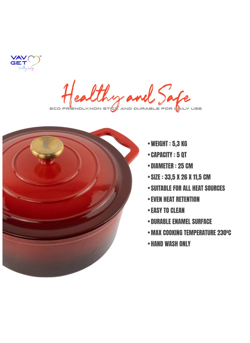 VAV - Enameled Cast Iron Casserole Dish with Lid - 5 Quart Enamel Cookware Pot - Enameled Cast Iron Dutch Oven with Lid - Image 1
