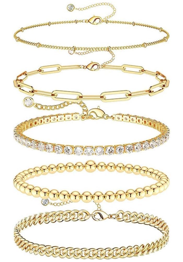 LinJie 5-Piece Gold Chain Bracelet Set for Women - Adjustable Ankle Bracelets - Image 1