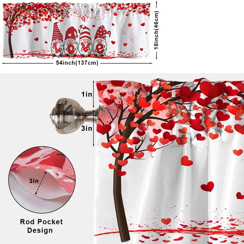 Finphoon Valentine Curtain Valance for Window, Romantic Red Gnome Window Valances, Rod Pocket Washable Valentine's Day Valances Curtain for Valentines Living Room Bedroom Decorations, 54x18 Inch - Image 5