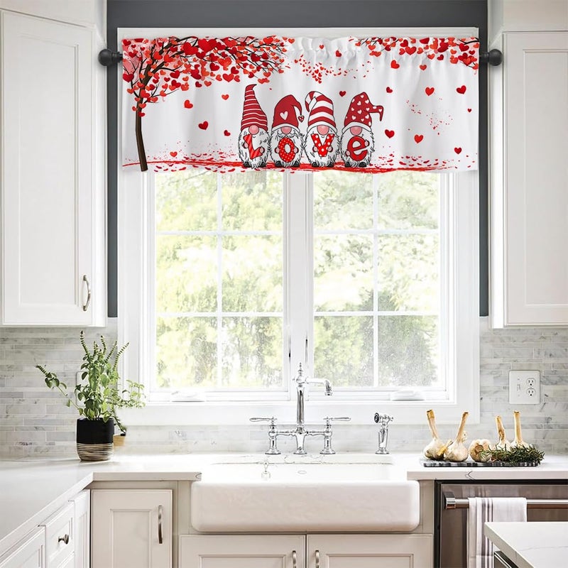 Finphoon Valentine Curtain Valance for Window, Romantic Red Gnome Window Valances, Rod Pocket Washable Valentine's Day Valances Curtain for Valentines Living Room Bedroom Decorations, 54x18 Inch - Image 2
