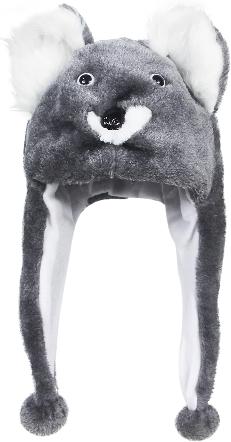 Timiot Cute Plush Animal Character Winter Hat Fun Ski Cap with Detailed Animal Face Long Ear Straps with Pom Pom Ends - Image 1