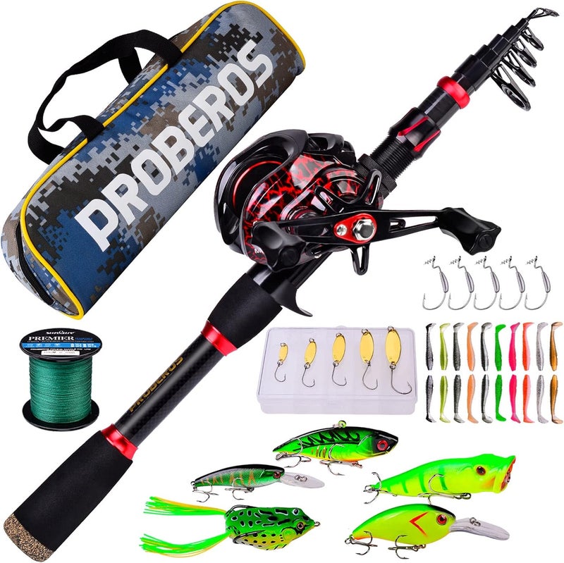 Proberos مجموعة صنارة الصيد والبكرة بطول 69 قدم من ألياف الكربون مع صنارة صيد تلسكوبية وبكرات صيد دوارة وصيد بالجر، مجموعة أدوات صيد الأسماك في المياه المالحة والعذبة والجليدية، مجموعة صنارات الصيد - Image 1