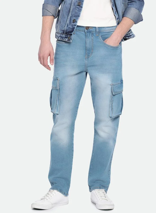 Dennis Lingo Mid Rise Straight Fit Cargo Solid Jeans by Styli