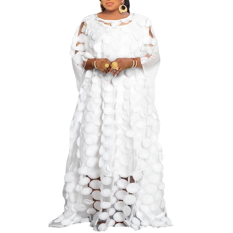 HD African Women Applique Flower Dress Boat Neck White Kaftan Chiffon Gown One Size - Image 1