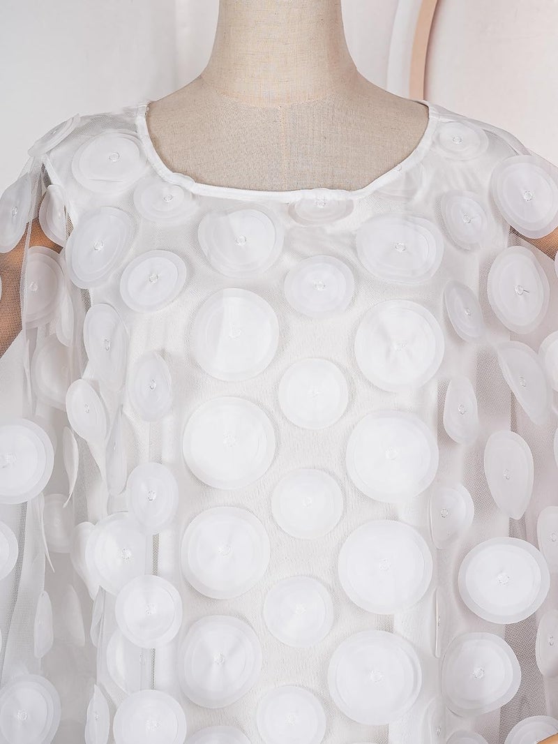 HD African Women Applique Flower Dress Boat Neck White Kaftan Chiffon Gown One Size - Image 5