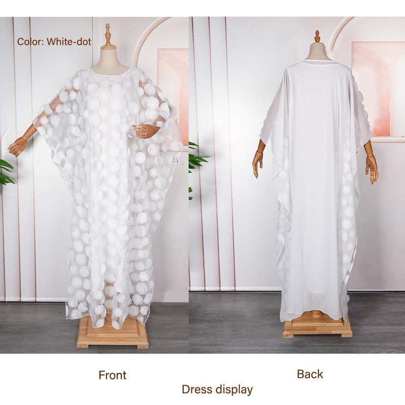 HD African Women Applique Flower Dress Boat Neck White Kaftan Chiffon Gown One Size - Image 2
